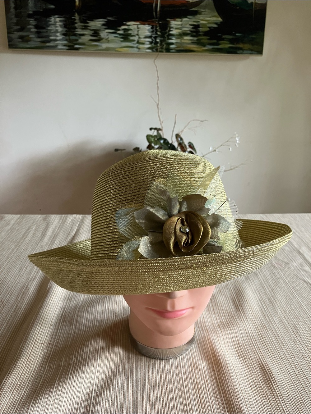 Elegant Metallic Gold Women's Hat with  Gold Floral Accent